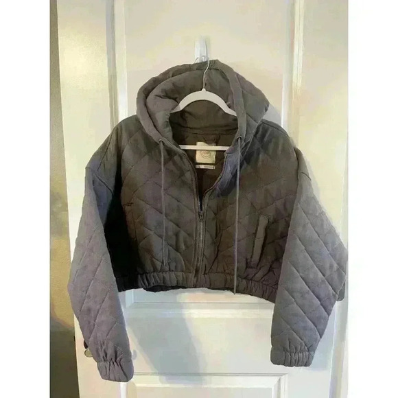 Stoosh Lavender Gray Quilted Cropped Hooded Jacket Sz L zip up warm pockets - Picture 1 of 7